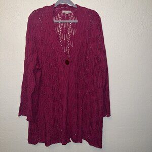 Woman Within Cardigan Sweater OPEN KNIT Pointelle One Button A Line SZ 1X Pink